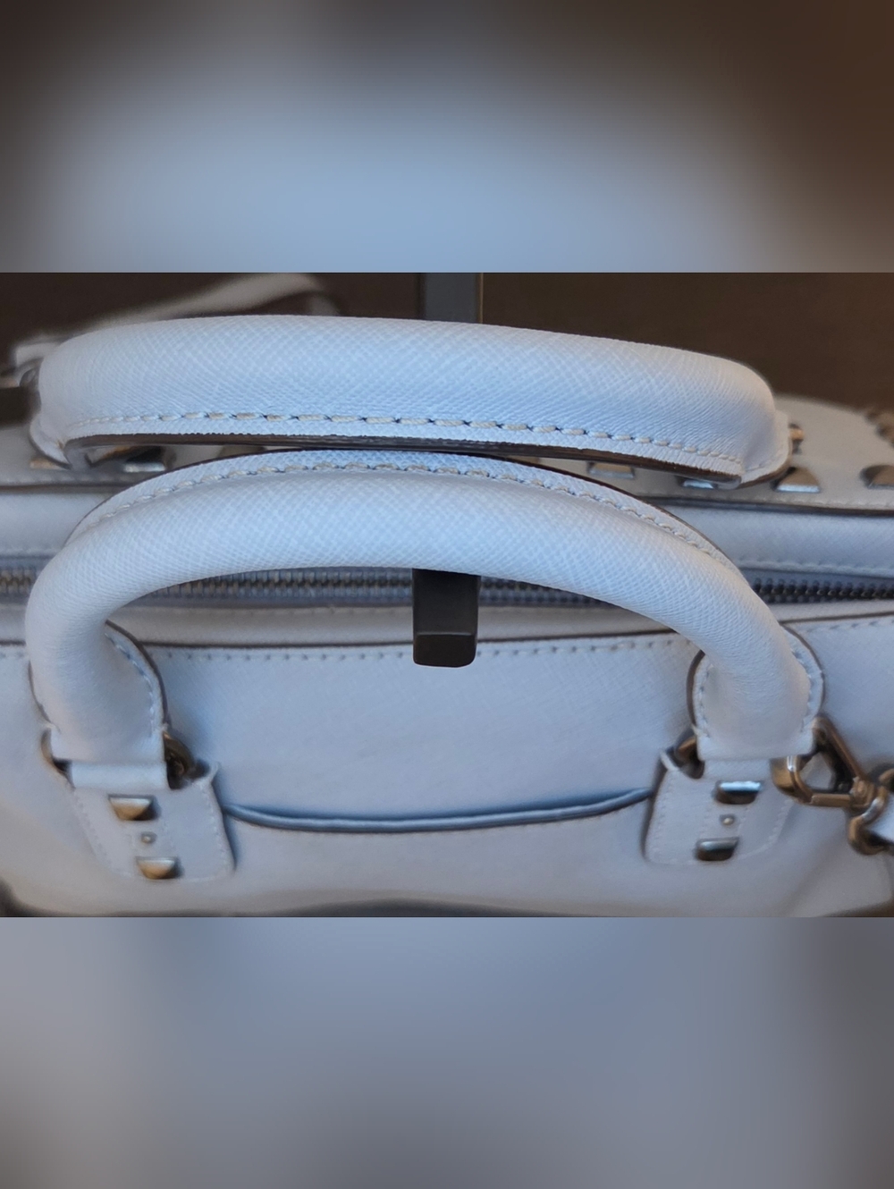 Michael Kors Studded Saffiano Leather Satchel Crossbody Light Blue Gunmetal - Picture 6 of 12